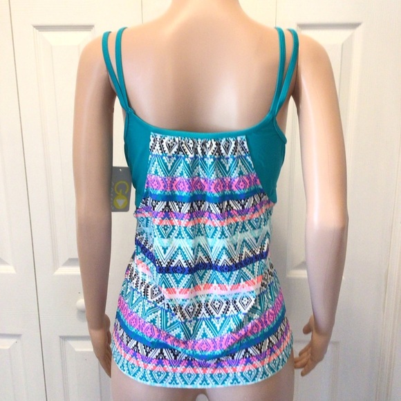 Go Gossip Womens Aqua Aztec Print Layered Cut Out Tankini Swimsuit Top Size XL - Picture 5 of 8